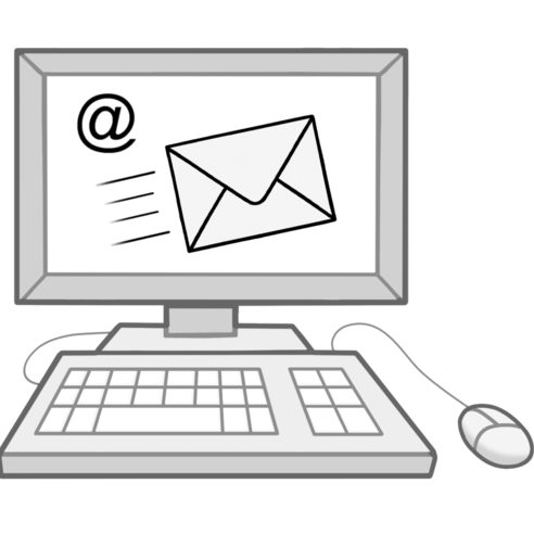 Çizim: Ekranı açık, bir e-posta ve @ işareti gösteren bir bilgisayar.