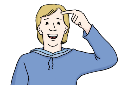 Çizim: Bir adam işaret parmağını alnına götürüyor ve anlayışla gülümsüyor.