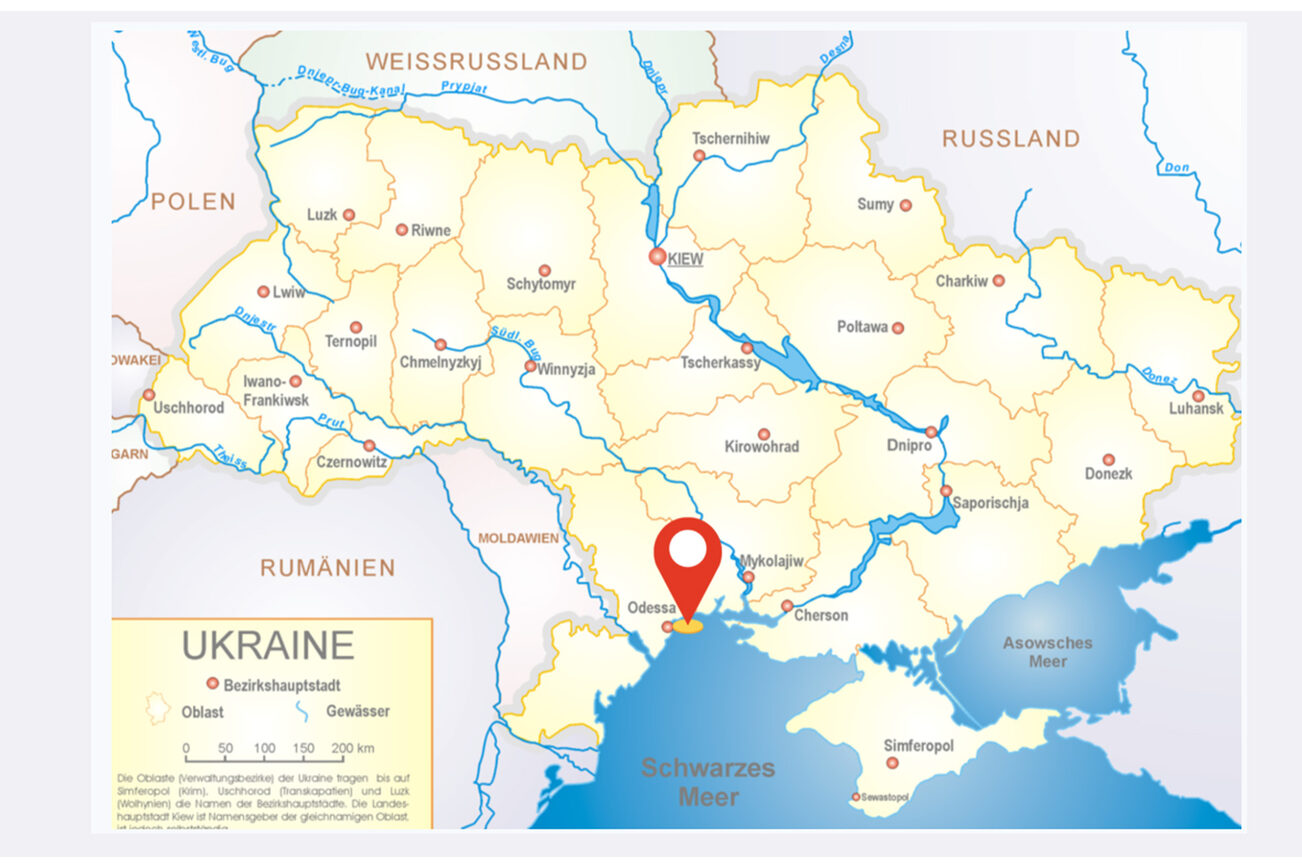 Une carte de l'Urkaine sur laquelle Odessa est indiquée.