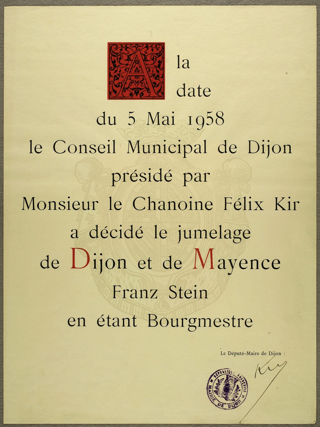Mainz-Dijon twinning certificate 1958