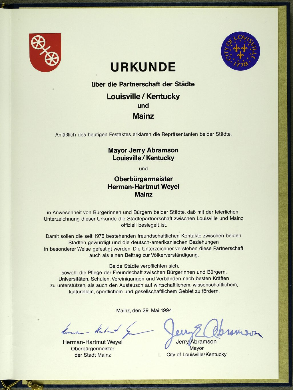 Mainz-Louisville twinning certificate 1974