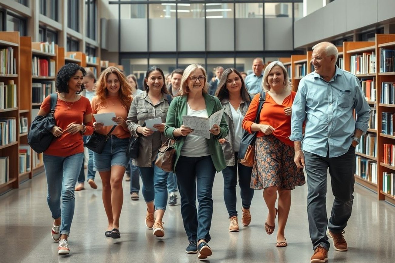 The picture shows a group of adults on a guided tour.
