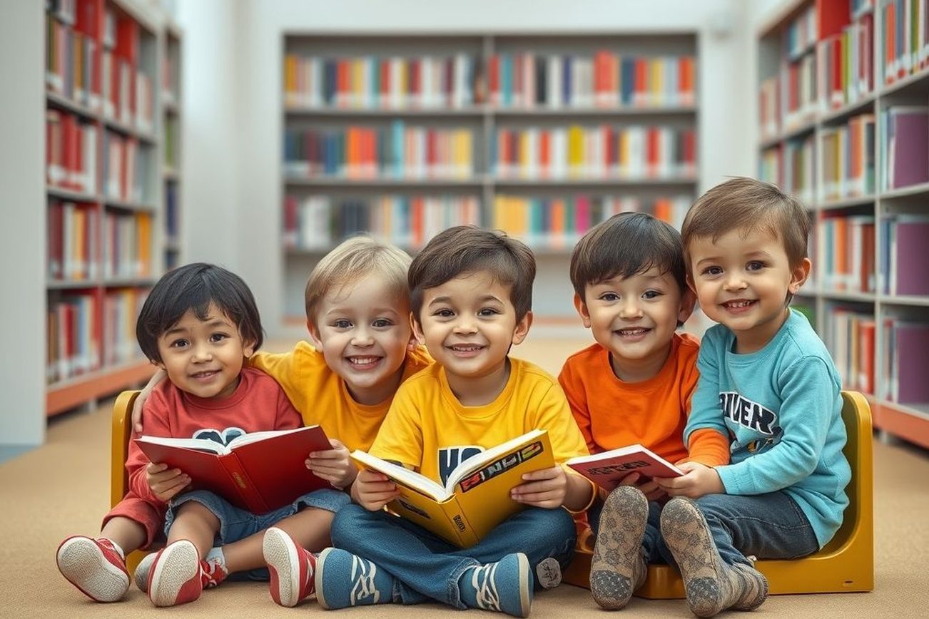 Das Bild zeigt Kindern in einer Bücherei.