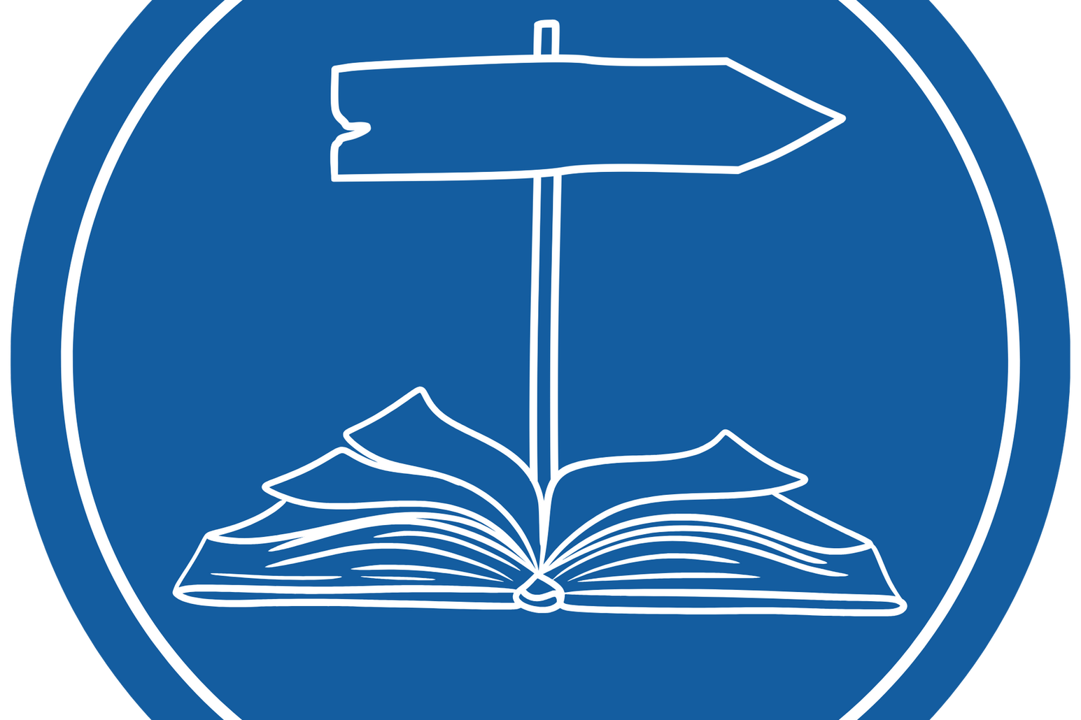 Ein rundes, blaues Logo mit einem aufgeschlagenen Buch, aus dem ein Wegweiser herausragt.