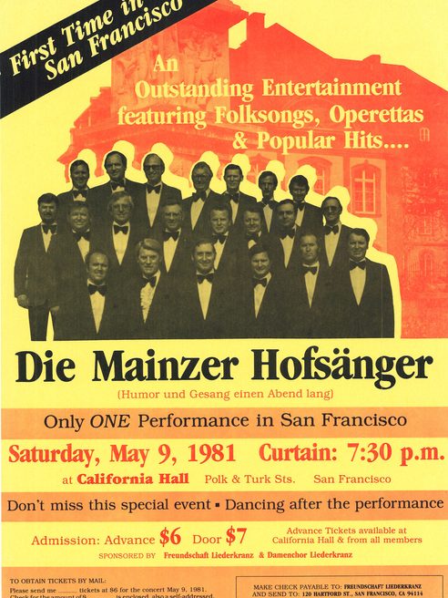 Plakat koncertu „Humor i śpiew przez cały wieczór”, który odbył się 9 maja 1981 r. w California Hall w San Francisco