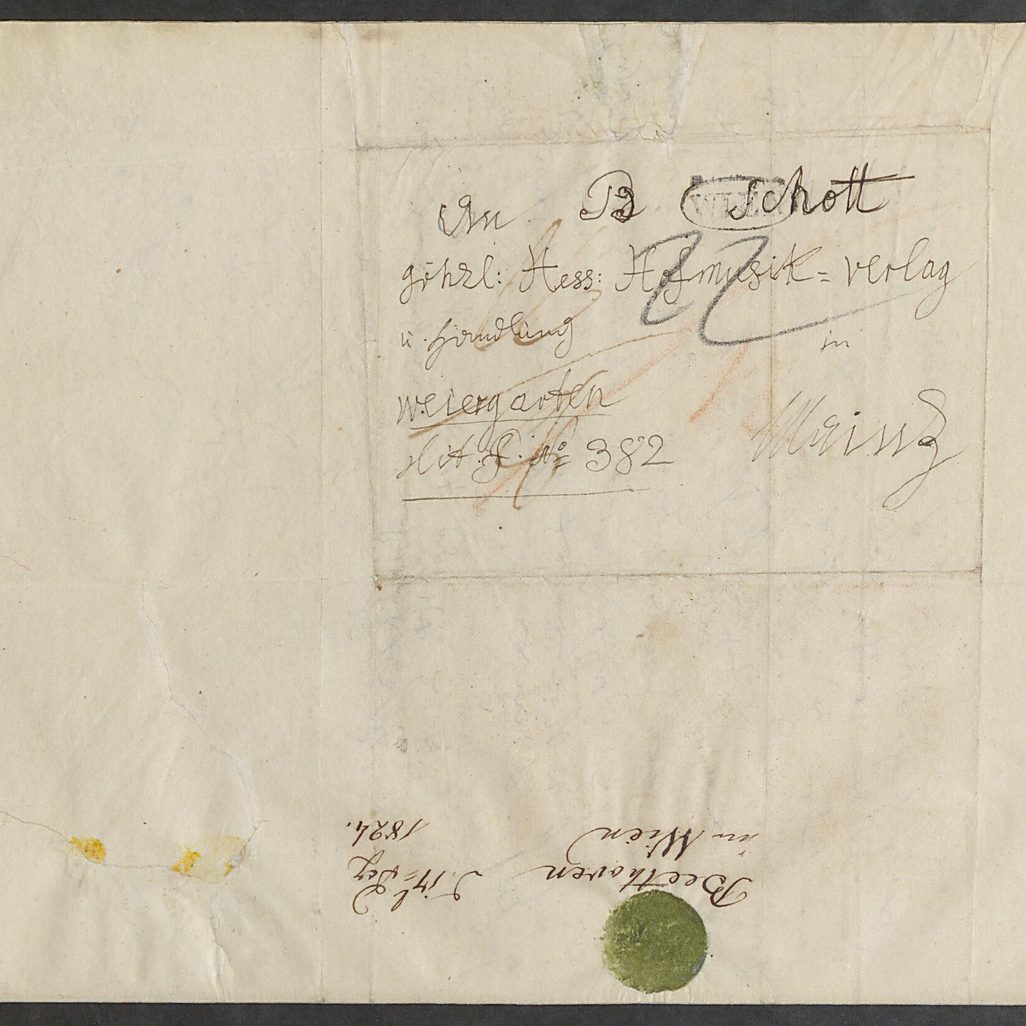 Address of the Schott publishing house on a letter from Beethoven to Schott