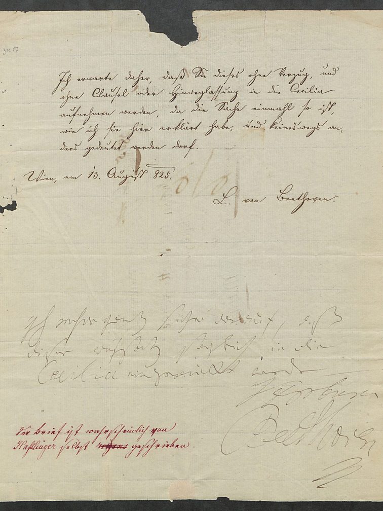 Letter dated August 13, 1825 in another hand with a postscript by Beethoven