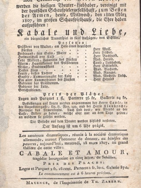 Theaterzettel Kabale und Liebe 18.3.1807
