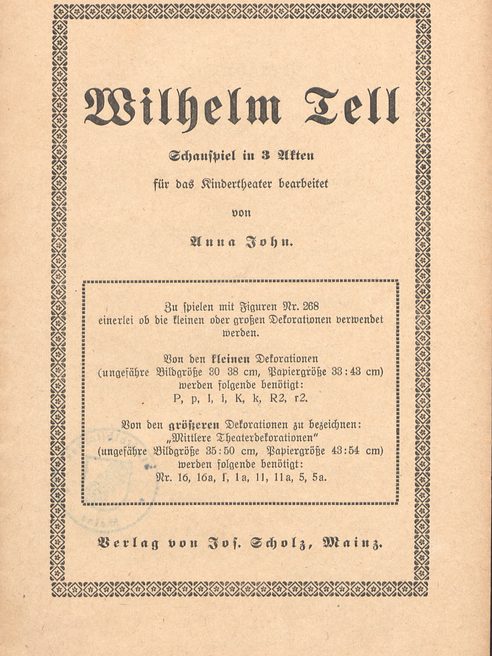 Titelseite Wilhelm Tell für das Kindertheater bearbeitet