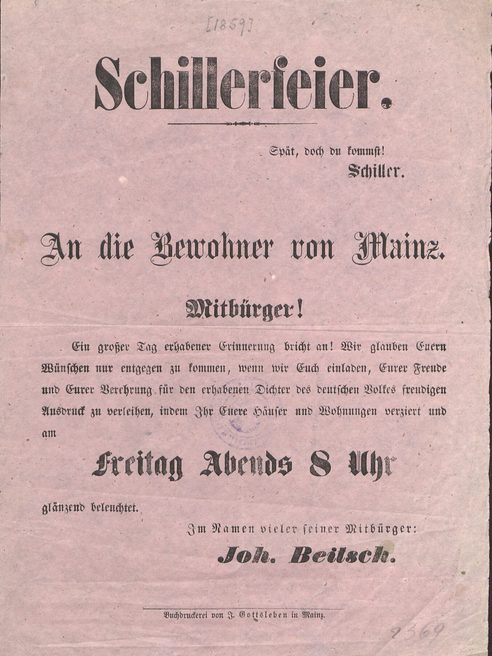 Aushang zur Schillerfeier in Mainz 1859