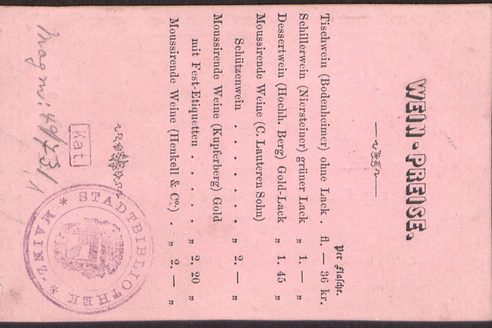 Eintrittskarte Schiller-Fest 18.10.1862 Rückseite mit Weinpreisen