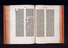 Illustration of an opened 42-line Gutenberg Bible.