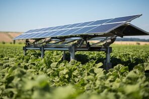 Grünes Feld mit einer Solaranlage © AdobeStock/scharfsinn86