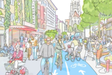 Zeichnung einer Straße mit Fußgängern, Radfahrern, Rollstuhlfahrern