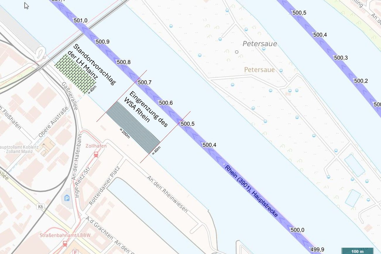 Diagramma di posizionamento dei battelli da bagno - spostamento della posizione in base alla risposta della WSA km 500,7 - 500,5