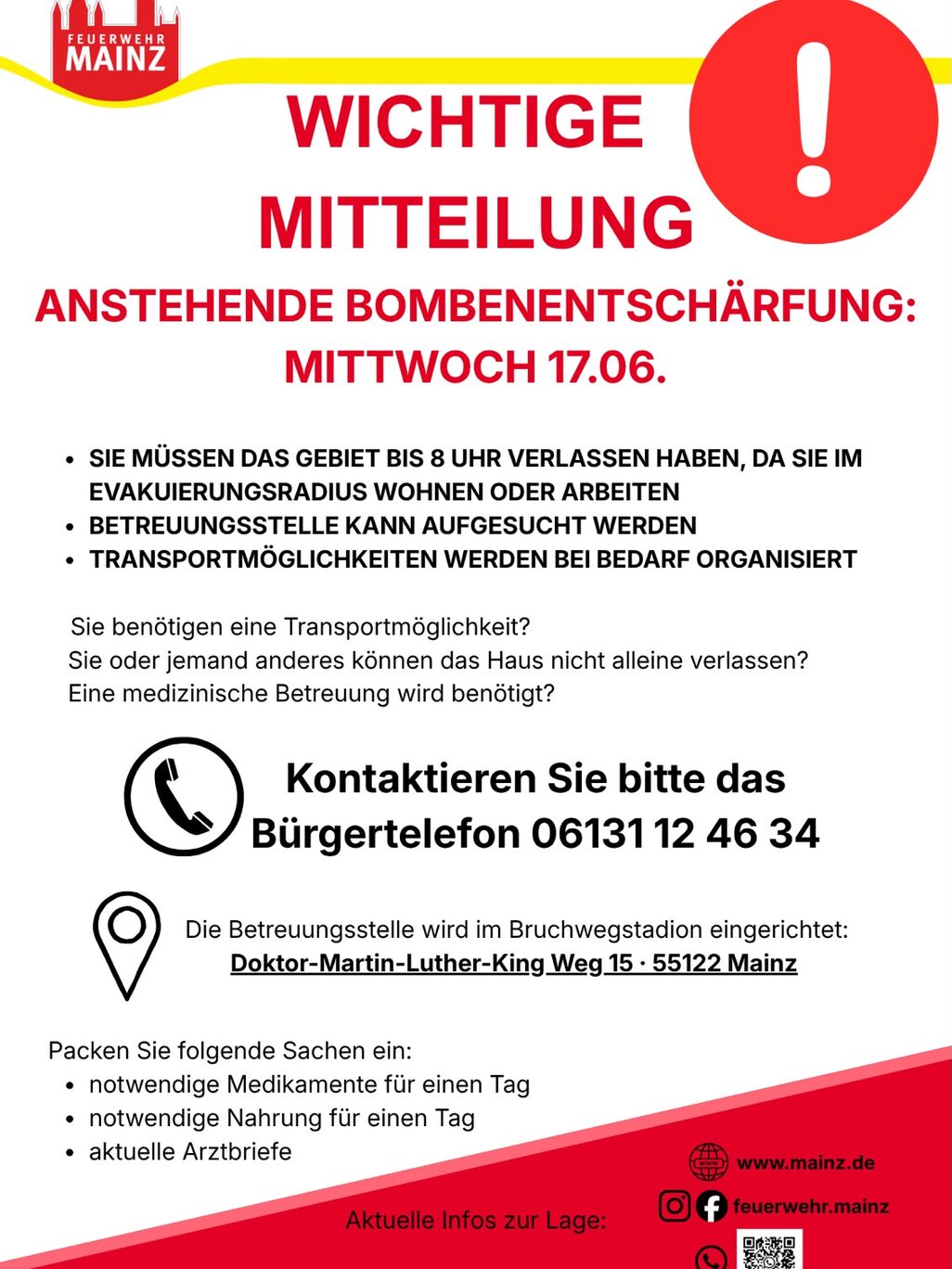 Grafik mit wichtiger Mitteilung zur anstehenden Bombenentschärfung in Mainz-Hartenberg-Münchfeld