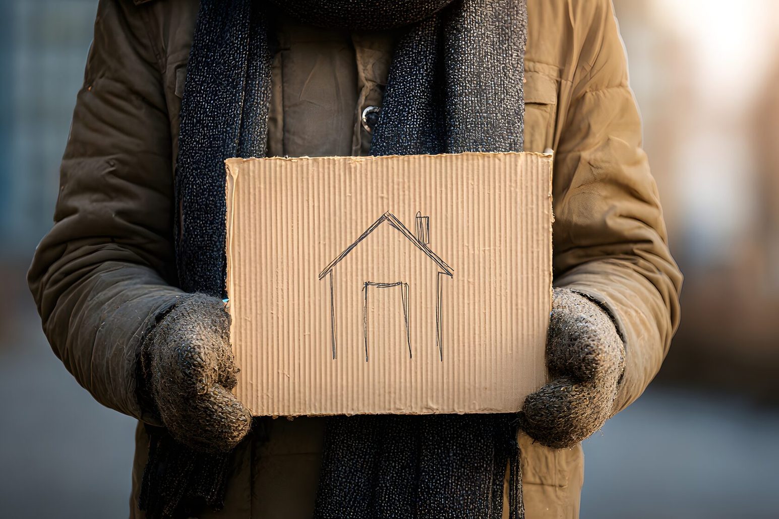 Homeless person holding a sign with a house drawing asking for shelter.