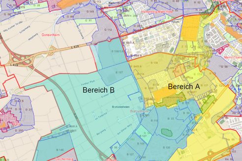 Mapa Bretzenheimu z dwoma obszarami a i b zaznaczonymi kolorem