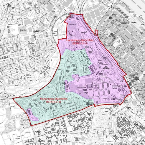 Mapa Hartenbergu i Münchfeld z dwoma obszarami a i b zaznaczonymi kolorem