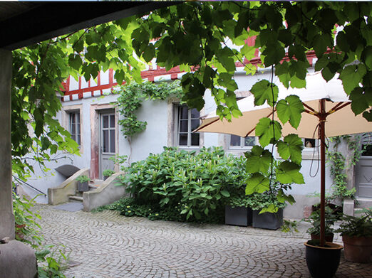 Ein Blick in den gepflasterten Innenhof mit Fachwerkmauern und Topfpflanzen.