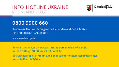 Info-Hotline Ukraine Rheinland-Pfalz: Kostenfreien Rufnummer 0800 9900 660